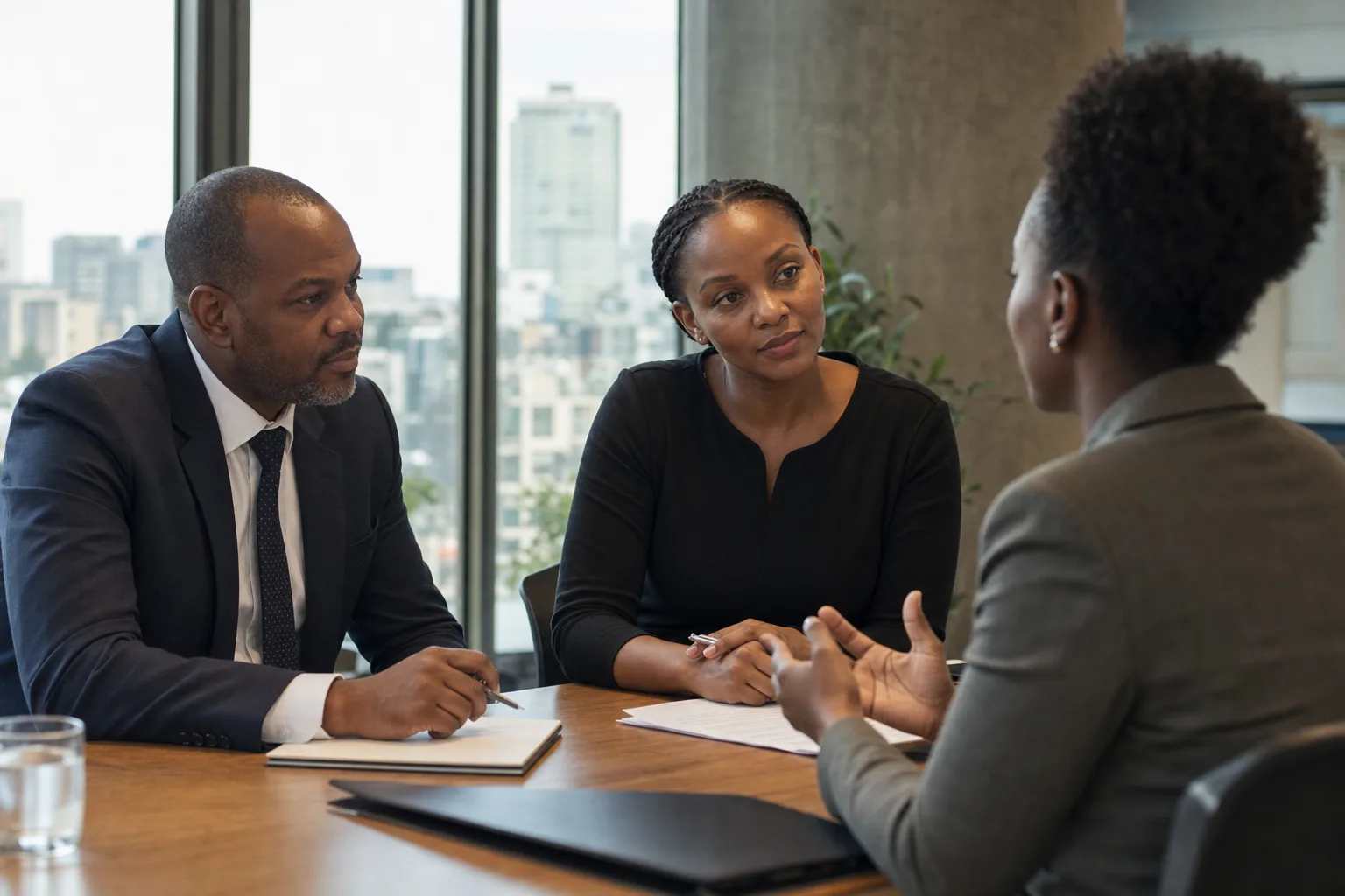 Kenyan managers having a focused workplace discussion